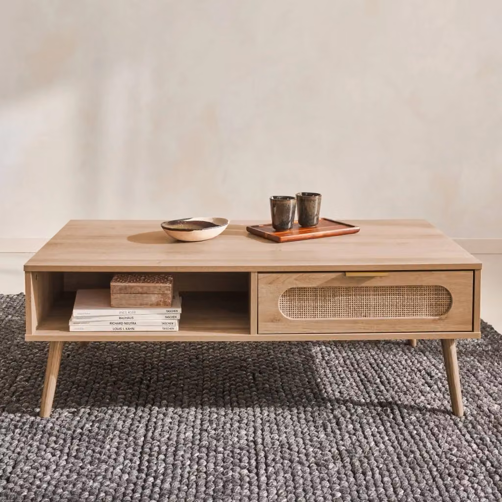 Tavolino scandinavo Sweeek in legno marrone con piano rettangolare e base a quattro gambe L: 59 cm, P: 39 cm, H: 30 cm – 2