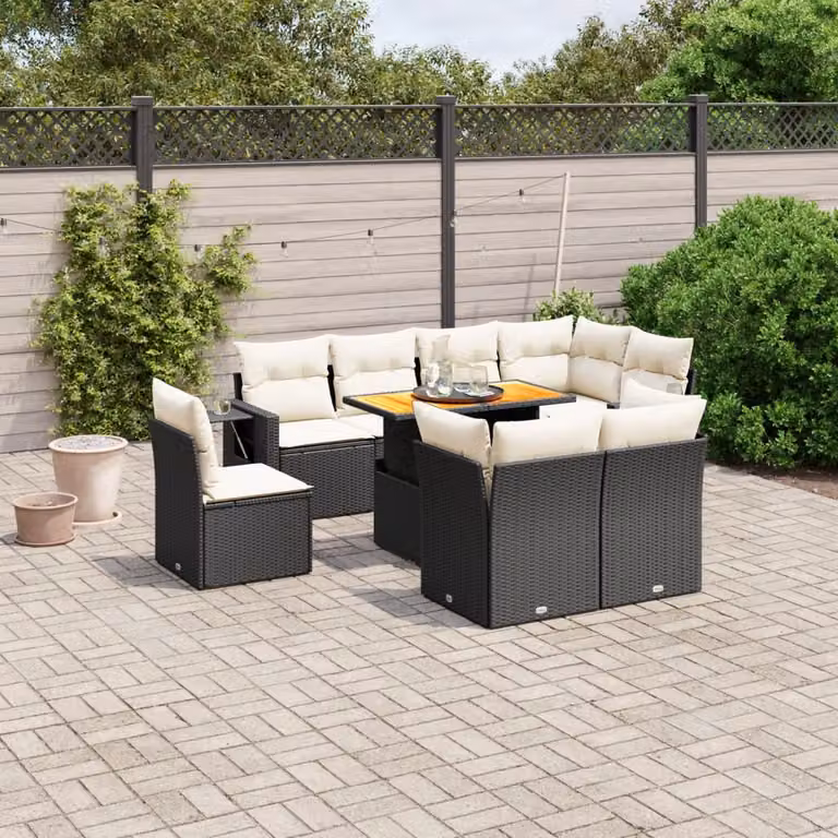 vidaXL Set Divani da Giardino a L 9 pz in Polyrattan Nero con Cuscini e Tavolino da Esterno