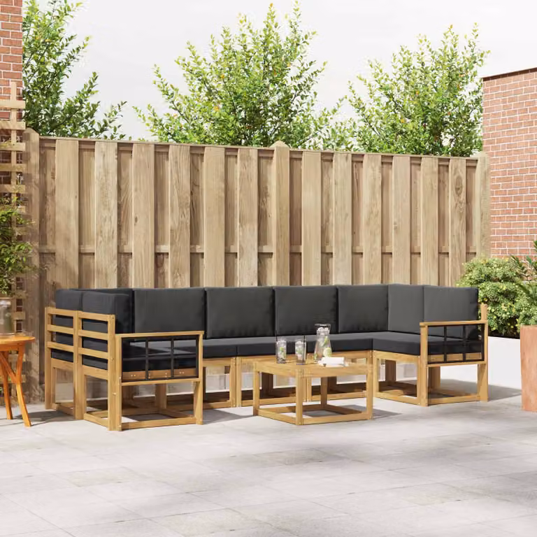 Set di divani da esterno vidaXL a forma di L in legno di acacia con cuscini, 6 pezzi, marrone e grigio