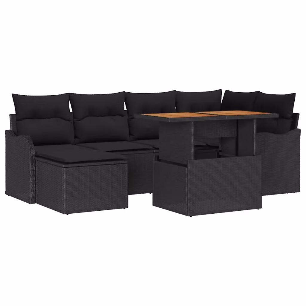 Set Divano da Giardino vidaXL 7 Pezzi Moderno a Forma di L in Rattan Nero con Tavolino, Ottoman e Contenitore per Cuscini – 2
