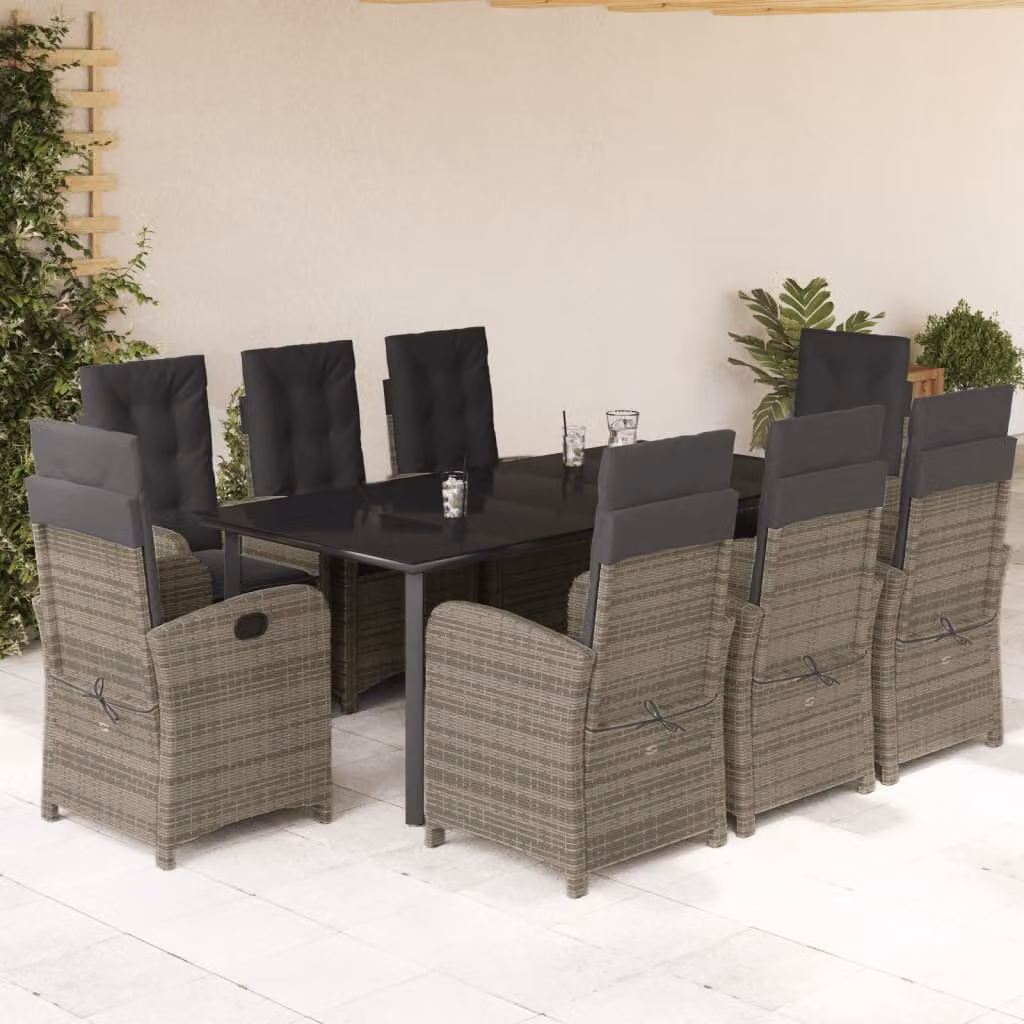 Set da Pranzo da Giardino vidaXL in Polyrattan Grigio e Nero con Cuscini e Tavolo in Vetro, 9 Pezzi – 1
