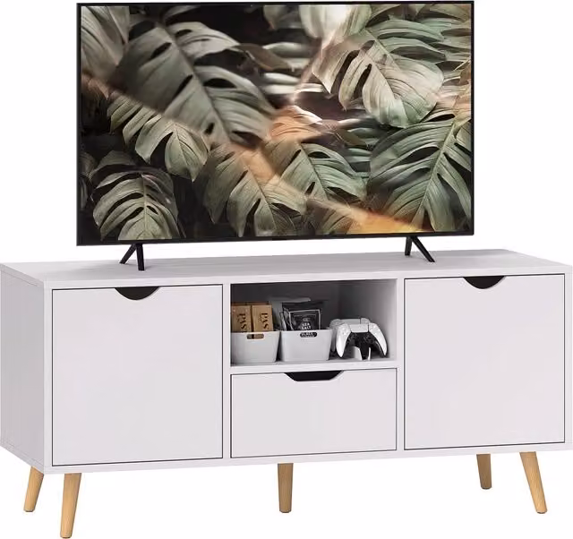 Mobile TV XYLO moderno con cassetto e ripiani, Bianco e legno, L: 110 cm, P: 40 cm, H: 50 cm