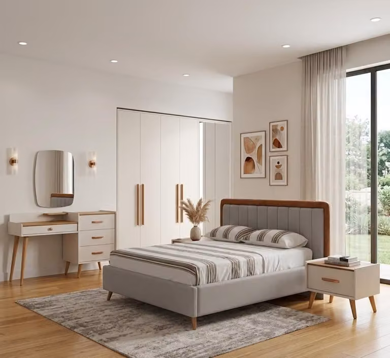 Set completo per camera da letto Lux: letto, armadio, comodini, cassettiera e specchio