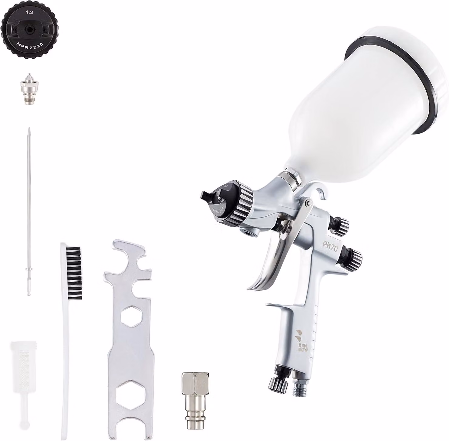 Pistola di verniciatura Benbow PK70, set di 4, HVLP, ugello da 1,3+2,0 mm nel set, serbatoio 600 ml, pressione 2,5 bar