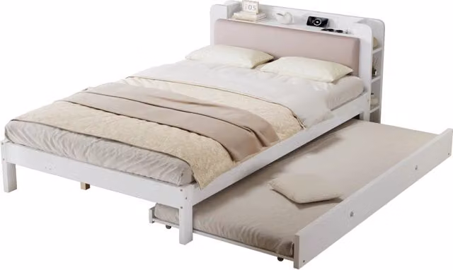 Letto in legno bianco 120x200 cm con letto estraibile 90x190 cm; testiera imbottita; mensola e stazione di ricarica