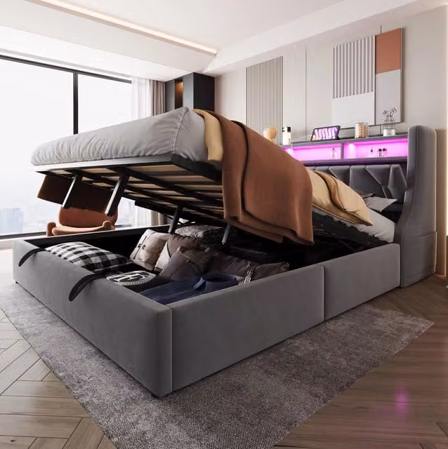 Letto imbottito 180x200 cm con contenitore idraulico; testiera ribaltabile; LED; USB e Type-C; grigio