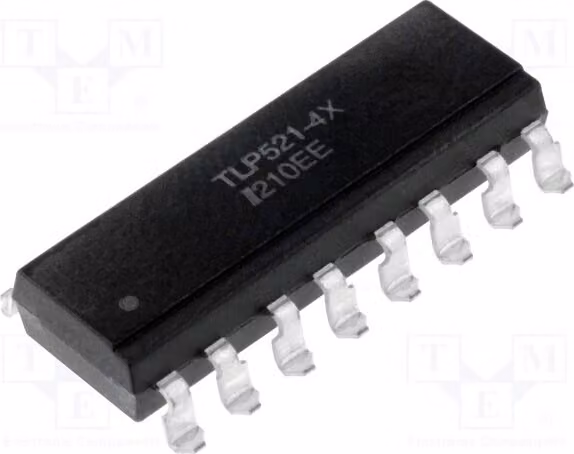 1 x Optoisolatore, 4 canali, tecnologia SMD. Tensione di uscita (Uce): 55V. Modello: TLP521-4XSM. Optoisolatore - uscita