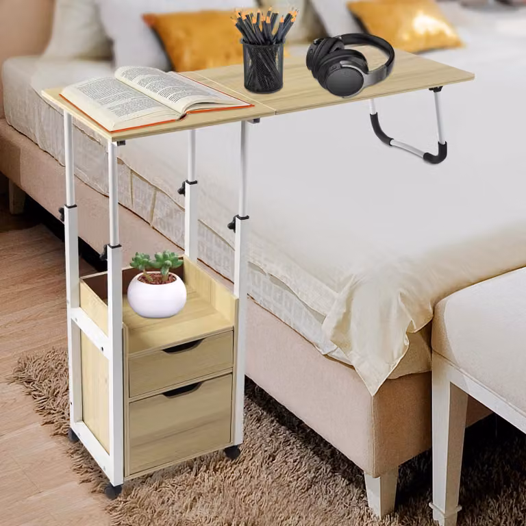 Tavolino per laptop - Tavolino da letto pieghevole e su ruote - Regolabile in altezza - A forma di L - Portatile - Rovere marrone
