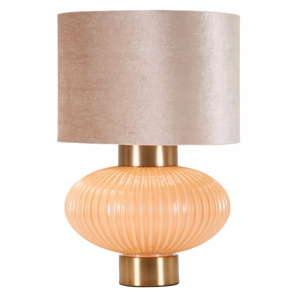 Lampada da tavolo Fanoti in ceramica e tessuto, colore rosa perlato con dettagli oro, Altezza: 33 cm – 2