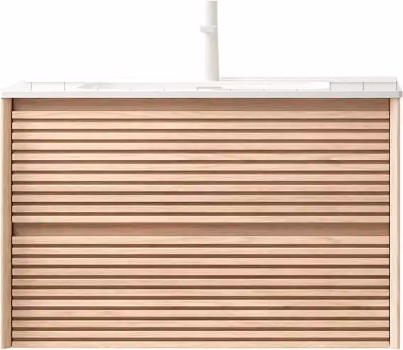 Mobile sottolavabo sospeso per bagno con lavabo in ceramica e 2 cassetti con chiusura ammortizzata, noce naturale e bianco