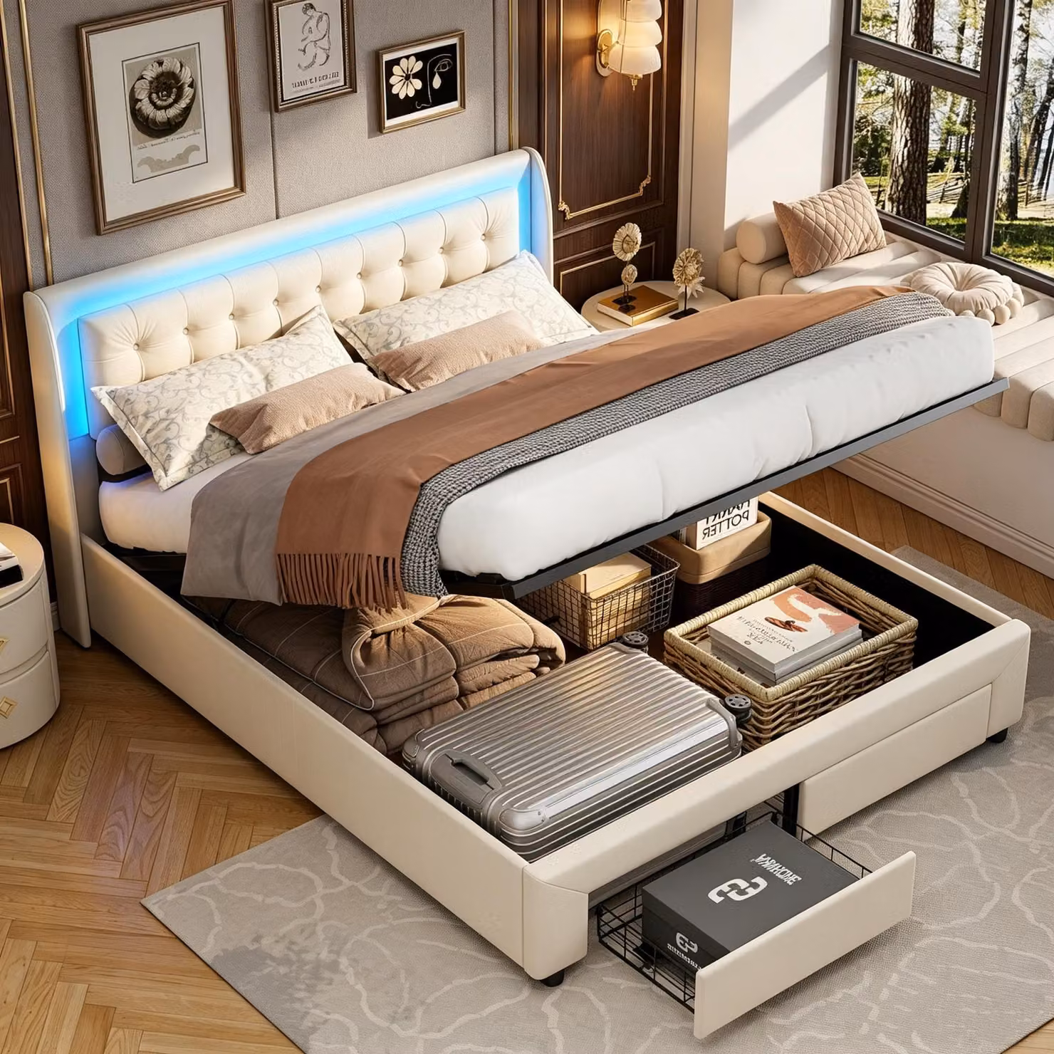 Letto idraulico con contenitore INONEFT 140x190 cm con 2 cassetti, letto matrimoniale imbottito con illuminazione a LED, velluto, beige