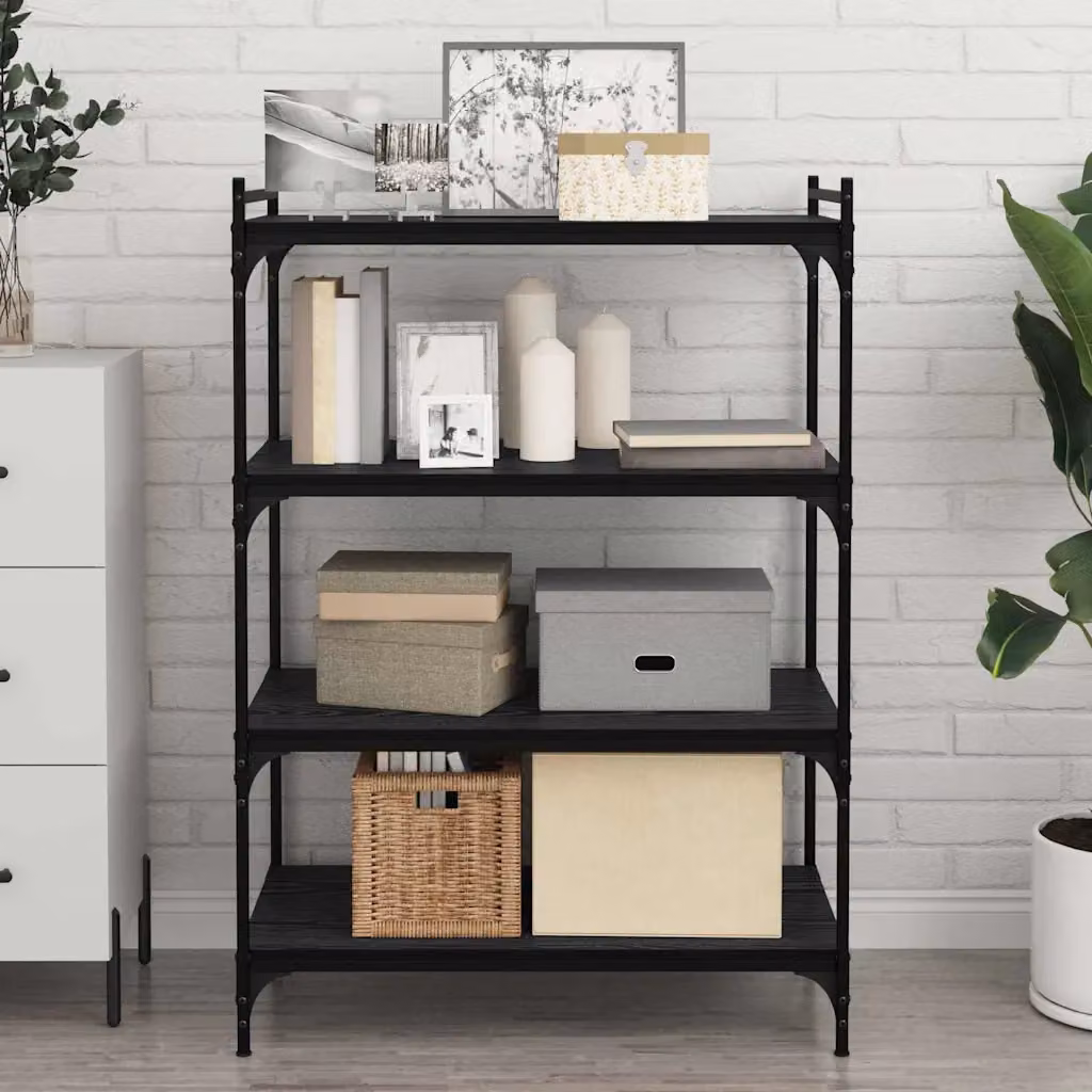 Set di 4 scaffali vidaXL a 3 livelli in metallo e legno MDF nero opaco L 80 cm x P 40 cm x H 1,5 cm