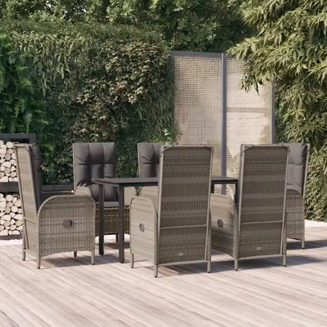 Set da Pranzo Giardino 7pz Nero e Grigio con Cuscini Polyrattan 3185200