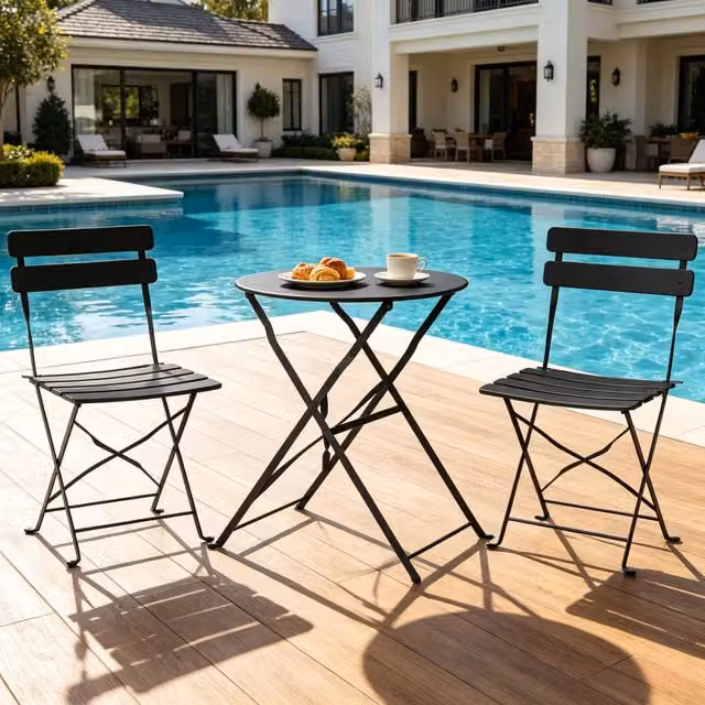 Set da bistrot pieghevole Mivray in metallo nero con tavolo rotondo e 2 sedie per esterno, balcone o giardino