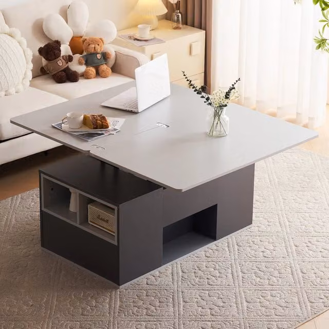 Tavolino da salotto elevabile 2 in 1 con 2 cassetti e vani aperti in truciolare grigio per soggiorno, 100 × 51 × 47 cm