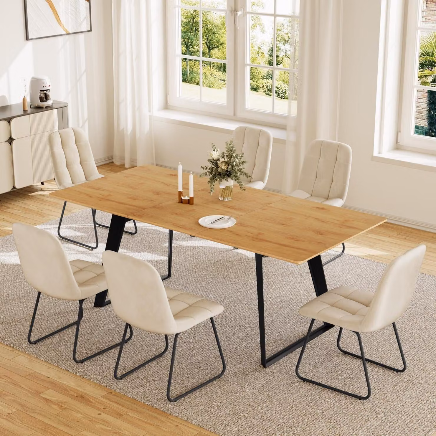 Set da pranzo con tavolo allungabile e 6 sedie, dimensioni 130-170 cm, finitura effetto legno/nero, colore beige