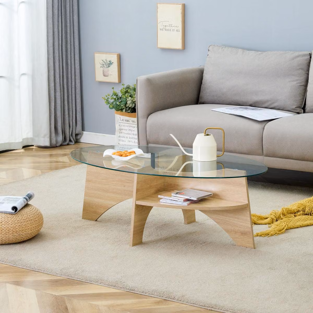 Tavolino ovale in vetro temperato 104,9 x 60 cm con elementi a scomparti chiari e ripiano integrato, ideale per la sala da pranzo e il soggiorno