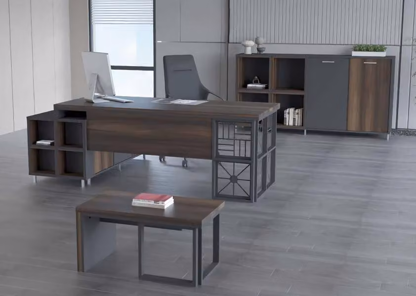 Designer Arbeitszimmer Set Schreibtisch Couchtisch Sideboard Holz Metall