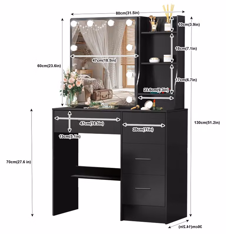 Comò con specchio a LED, colore bianco - 3 modalità di colore, luminosità regolabile - legno