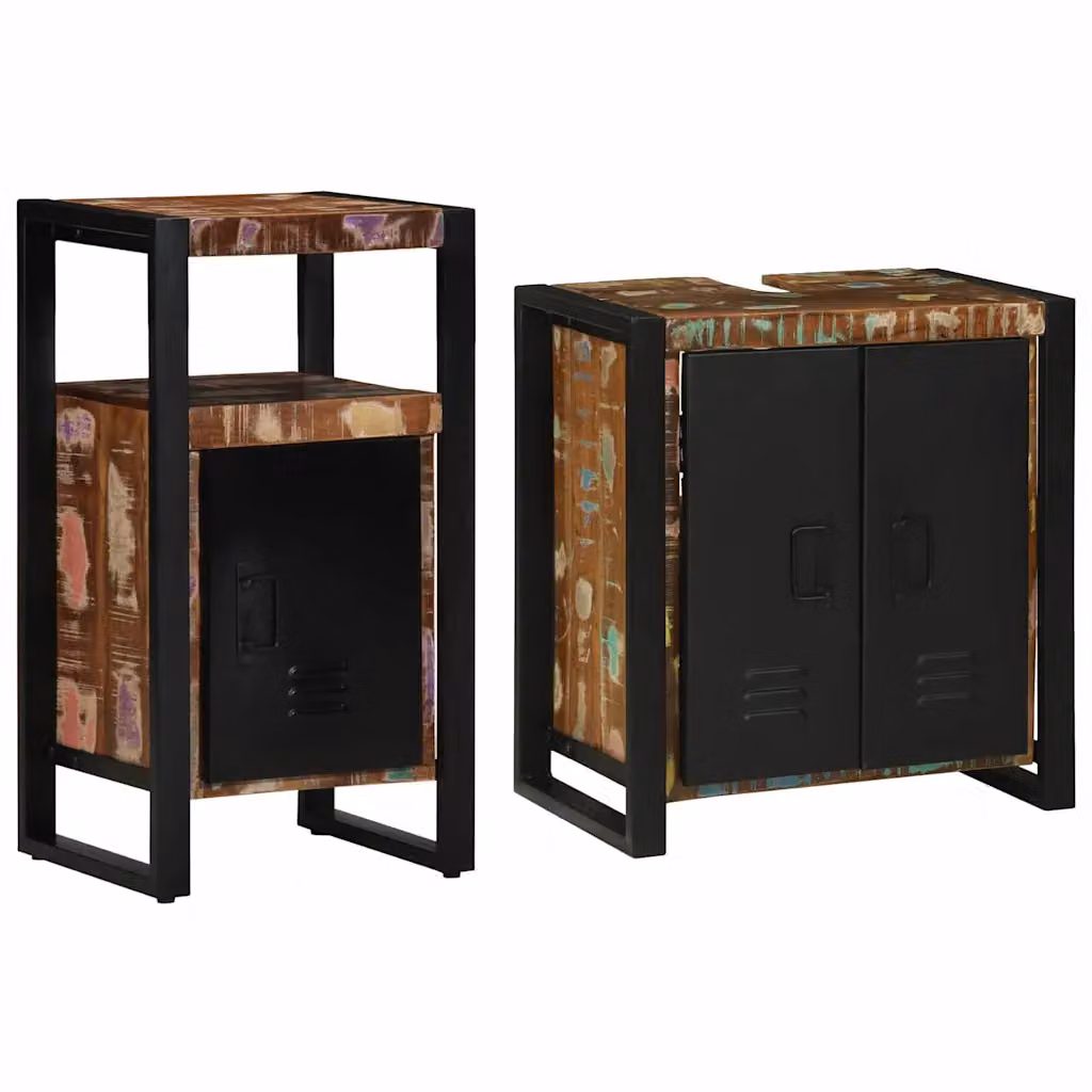 Set di mobili per il bagno moderno vidaXL in legno e metallo multicolore e nero con ante a battente e ripiani interni, 2 pezzi – 1
