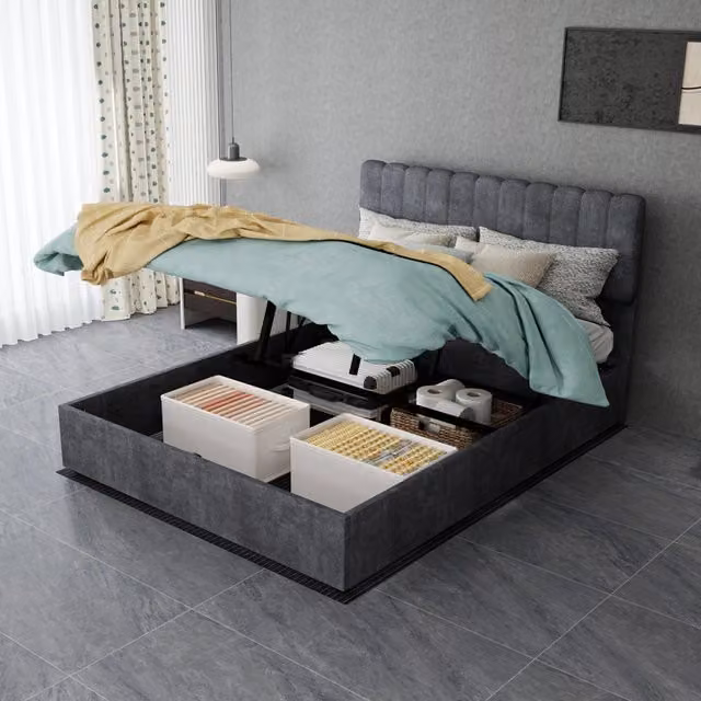 Letto imbottito matrimoniale 140x200 cm in tessuto grigio con struttura in metallo