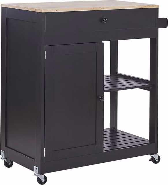 Carrello da cucina BELIANI in legno di gomma e MDF nero con 2 ripiani, cassetto e ruote, L: 75 cm, P: 44 cm, H: 87 cm