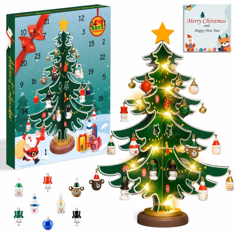 Calendario dell'Avvento in legno con 30 decorazioni per Natale