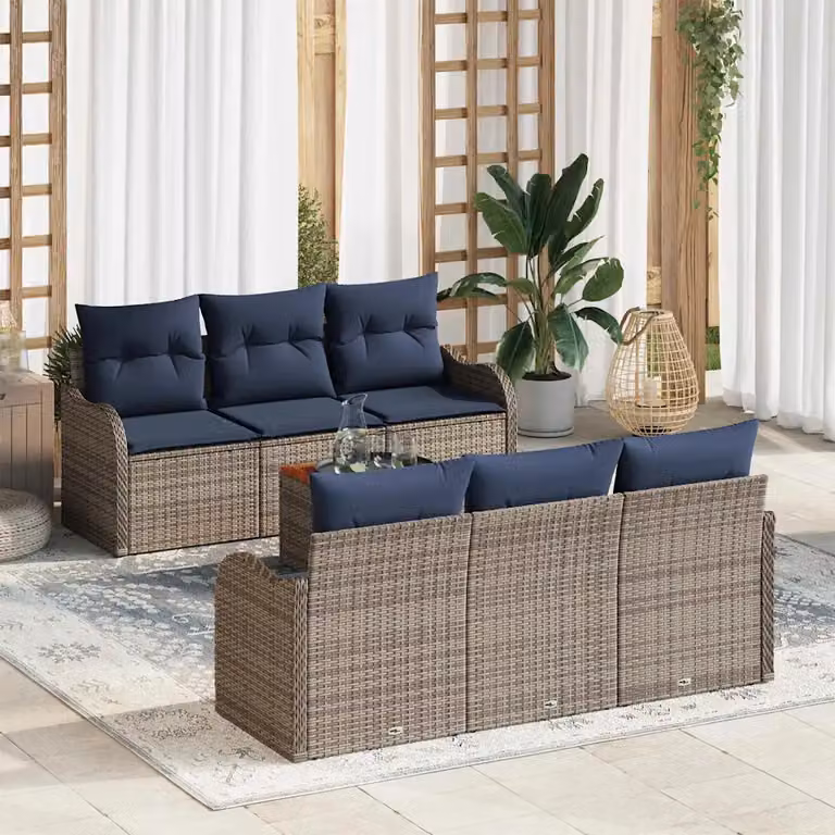 Set Divano da Giardino vidaXL 7 Pezzi in Polyrattan Grigio con Cuscini e Tavolino per Terrazza o Giardino