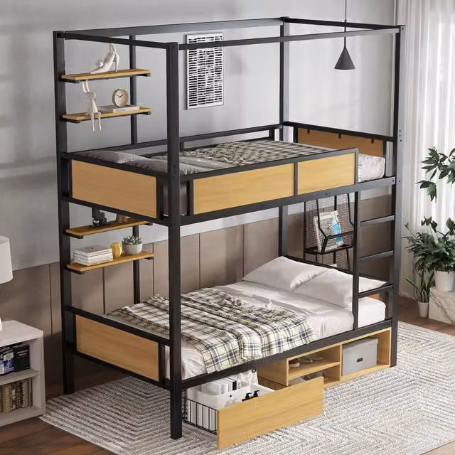 Letto a castello 90 × 200 cm 2 posti con ripiani laterali, cassetti e vano sottoletto, senza materassi, nero naturale