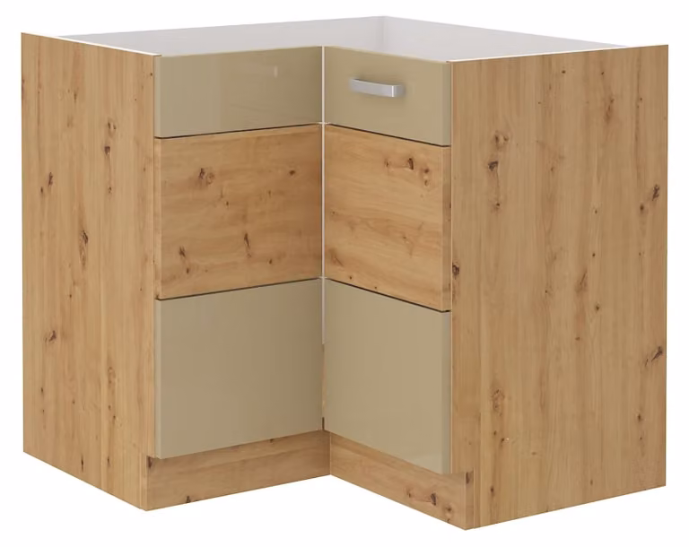 Mobile angolare da 90x90 in rovere Artisan Cappuccino lucido, angolo cottura, blocco cucina