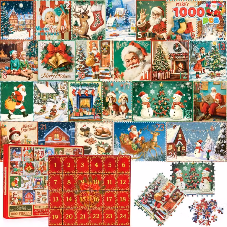 Calendario dell'Avvento con puzzle, 1000 pezzi, calendario di Natale, conto alla rovescia di 24 giorni
