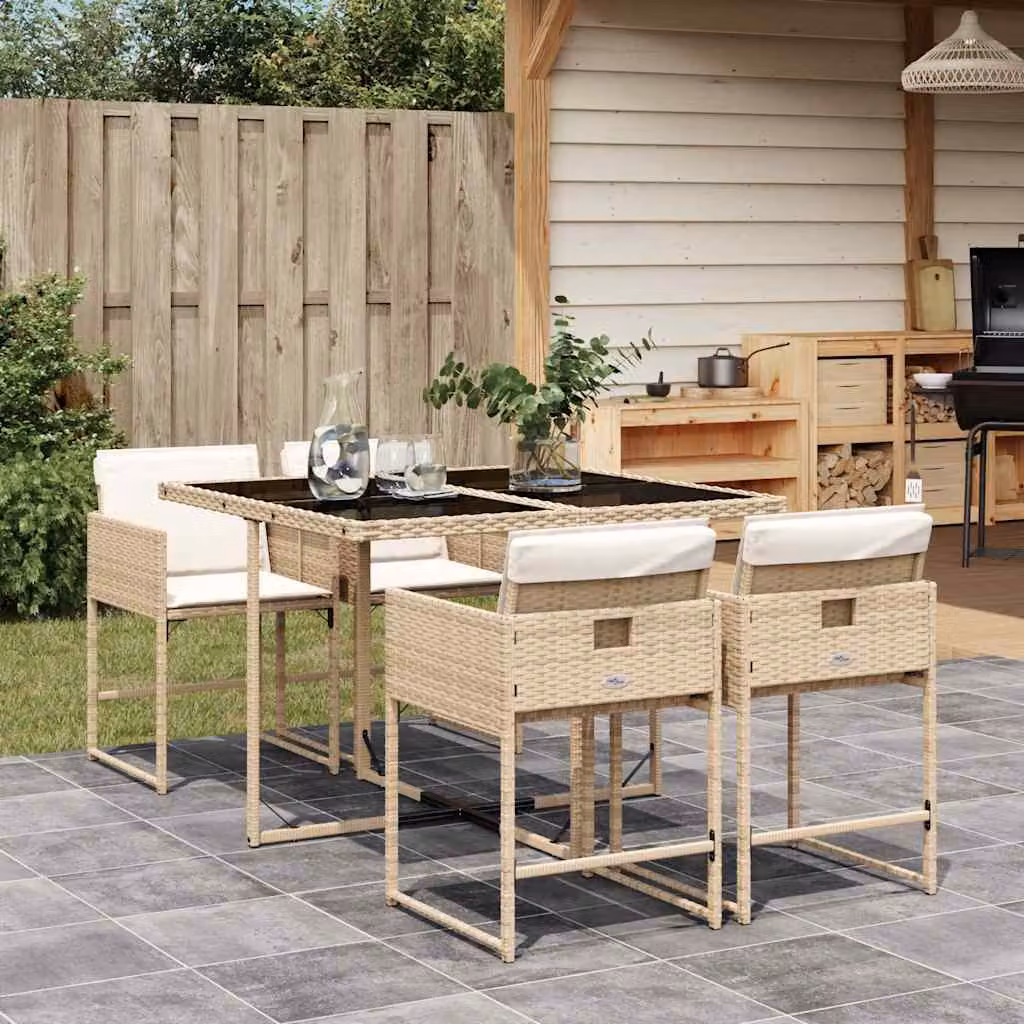 Set da Pranzo da Giardino vidaXL in Polyrattan con Cuscini Beige e Tavolo in Vetro, 5 Pezzi – 1