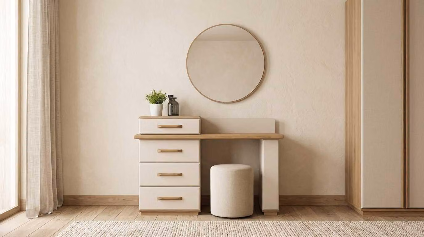 Set per tavolo da trucco beige, moderno, con specchio e sgabello. Tavolino da trucco