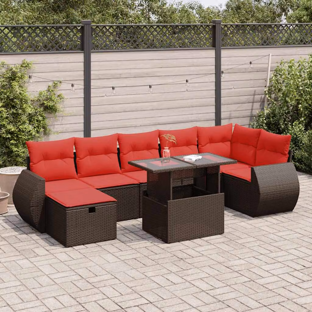 Set Divani da Giardino vidaXL a Forma di L in Polyrattan e Acacia con 8 Pezzi e Cuscini Marroni