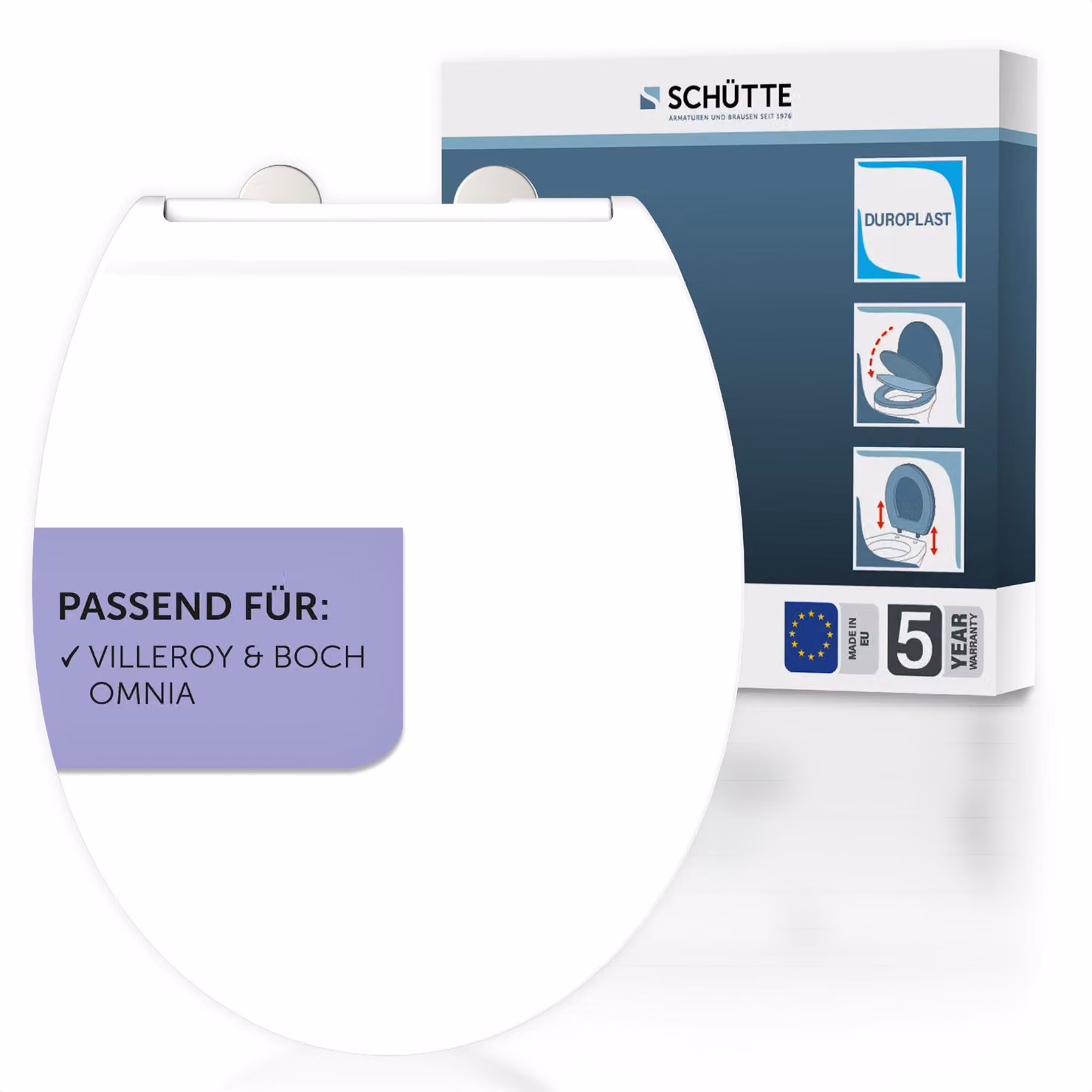 Sedile per WC SCHÜTTE adatto a Villeroy & Boch OMNIA, con meccanismo di chiusura morbida e chiusura rapida, bianco