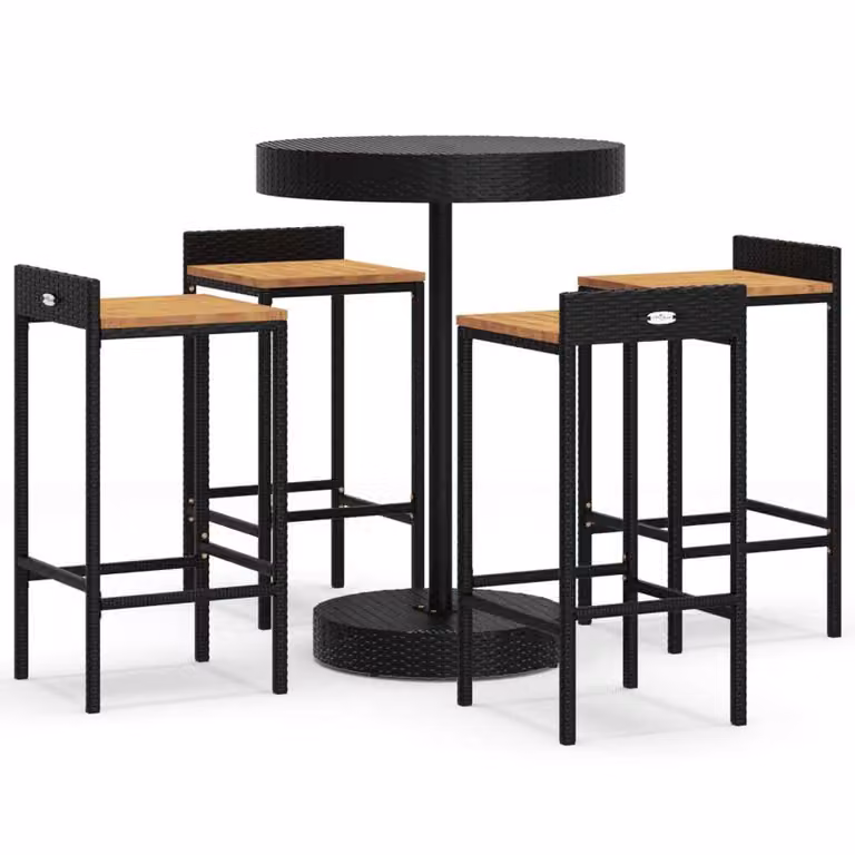 Set Bar Giardino 5 pz Nero Polyrattan e Legno Massello Acacia