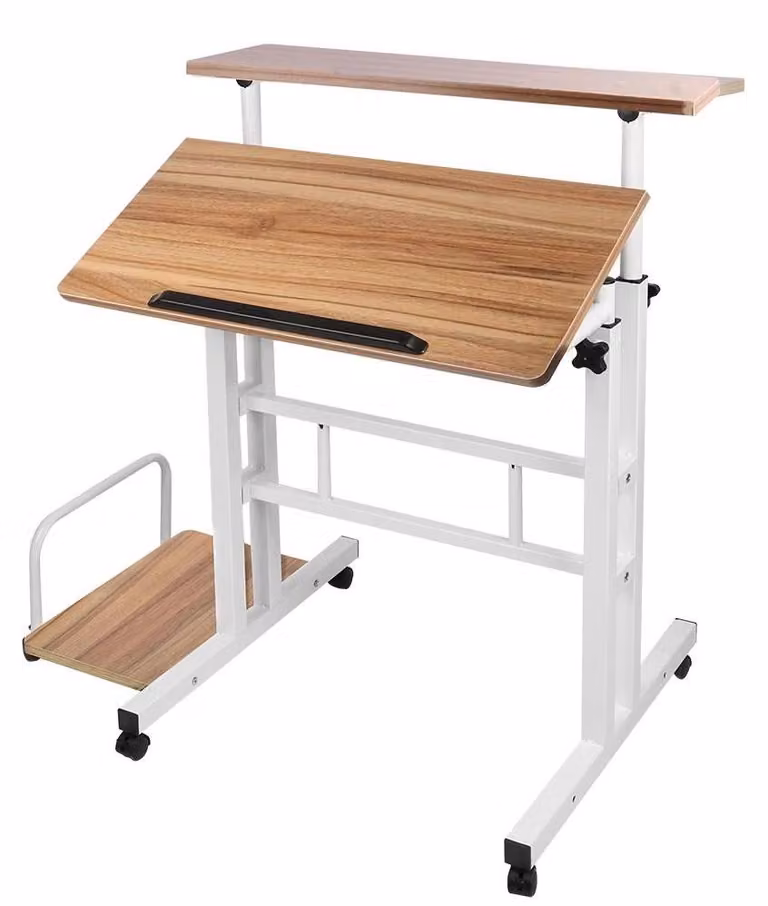 Scrivania in piedi - Tavolino per laptop - Regolabile in altezza - 6 rotelle - Piano inclinabile - Base a U - Struttura in metallo - Rovere anticato