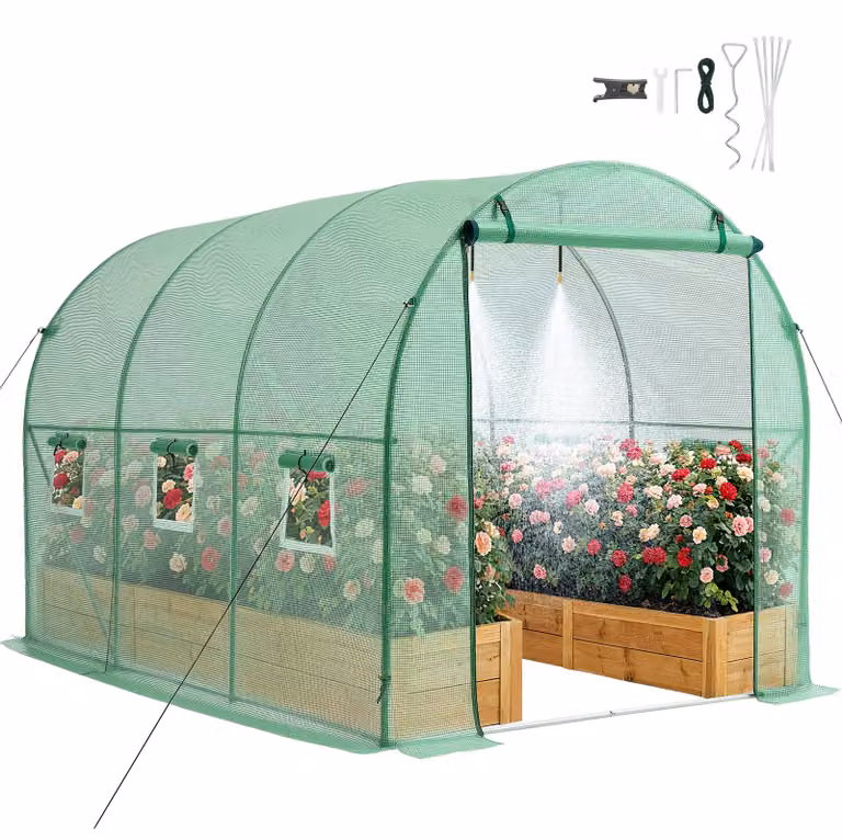 Serra SucceBuy 2,93 x 1,97 x 1,94 m con sistema di irrigazione, telaio in acciaio, copertura in PE, porta con cerniera e 6 finestre, tunnel in plastica per giardino ed esterni