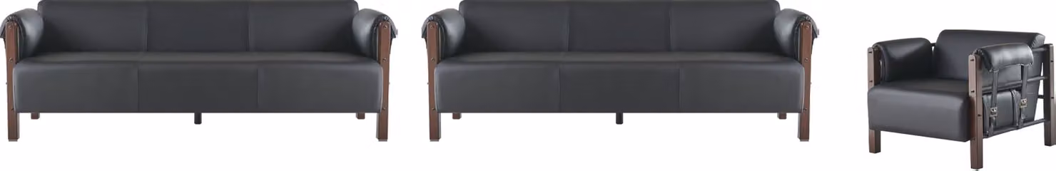Sofagarnituren Sofa-Set 3-Sitzer Sessel Schwarz Holz Sofas Ledersofas
