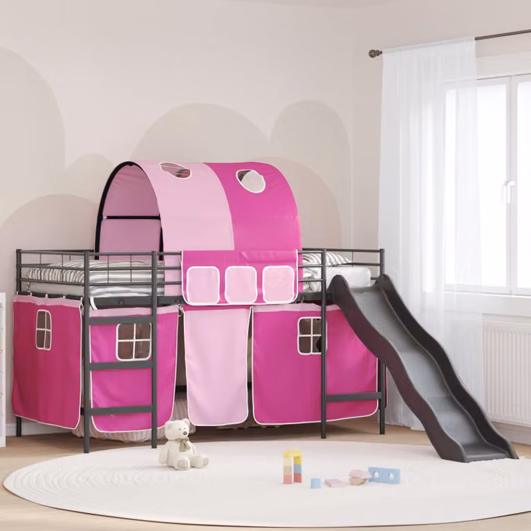 vidaXL Letto a castello per bambini con struttura a casetta e scala, Nero e rosa, L 200 x P 100 x H 205 cm