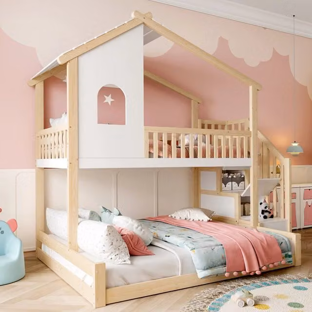 Letto a castello 90x200 cm e 140x200 cm con scala contenitore in legno colore naturale e bianco