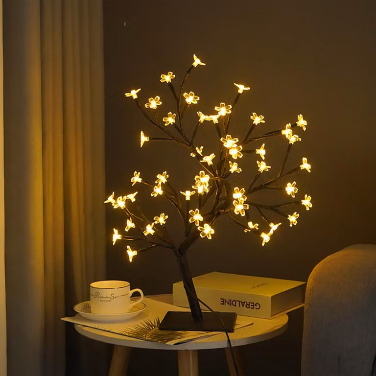 Lampada da tavolo LED per bonsai, USB, Natale, camera da letto, decorazione, luce notturna da tavolo, nero, 48 luci, Sakura