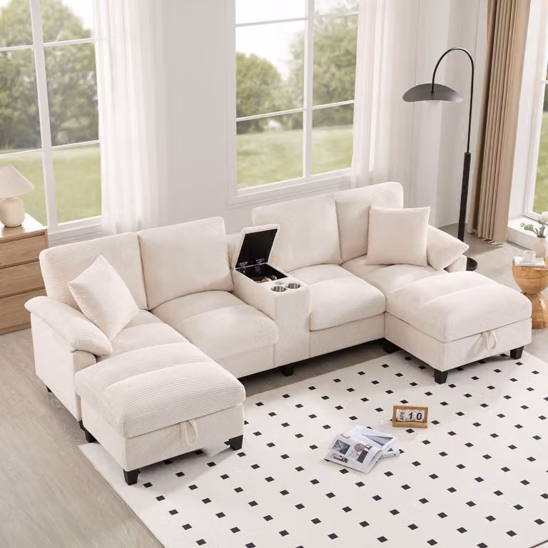 Divano angolare a U Merax a 4 posti, con base letto, portaoggetti, portabicchieri, USB, cuscini, divano modulare, rivestimento in velluto a coste, divano, set di divani, beige