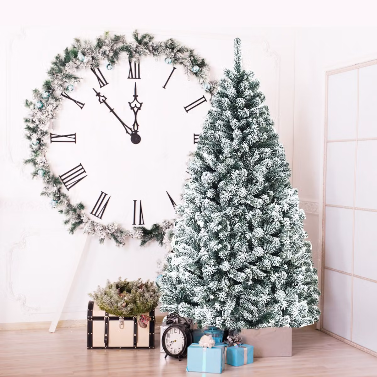Costway Albero di Natale innevato 180cm con cerniere base di metallo, Albero di Natale artificiale non illuminato