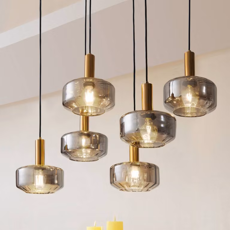 Lampada a sospensione in vetro Hildur Lindby, dimmerabile, Alluminio / Grigio / Zincato, Soggiorno / Sala da pranzo, Vetro, Lampada a sospensione