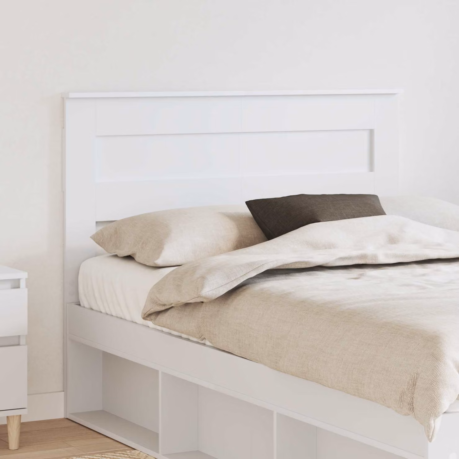 Testiera per letto vidaXL in legno ingegnerizzato bianco lucido con scomparti laterali L: 123 cm, H: 100 cm, P: 7 cm