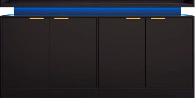 Credenza da cucina MIVRAY moderna in MDF nero con 4 ante, ripiani fissi e illuminazione LED RGB controllabile tramite app, L: 160 cm, P: 39 cm, H: 83 cm