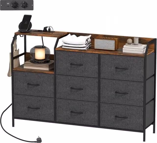 Cassettiera portaoggetti con stazione di ricarica 130,5 x 30 x 88 cm 8 cassetti ripiano superiore rialzato rustico legno marrone 21_0003778