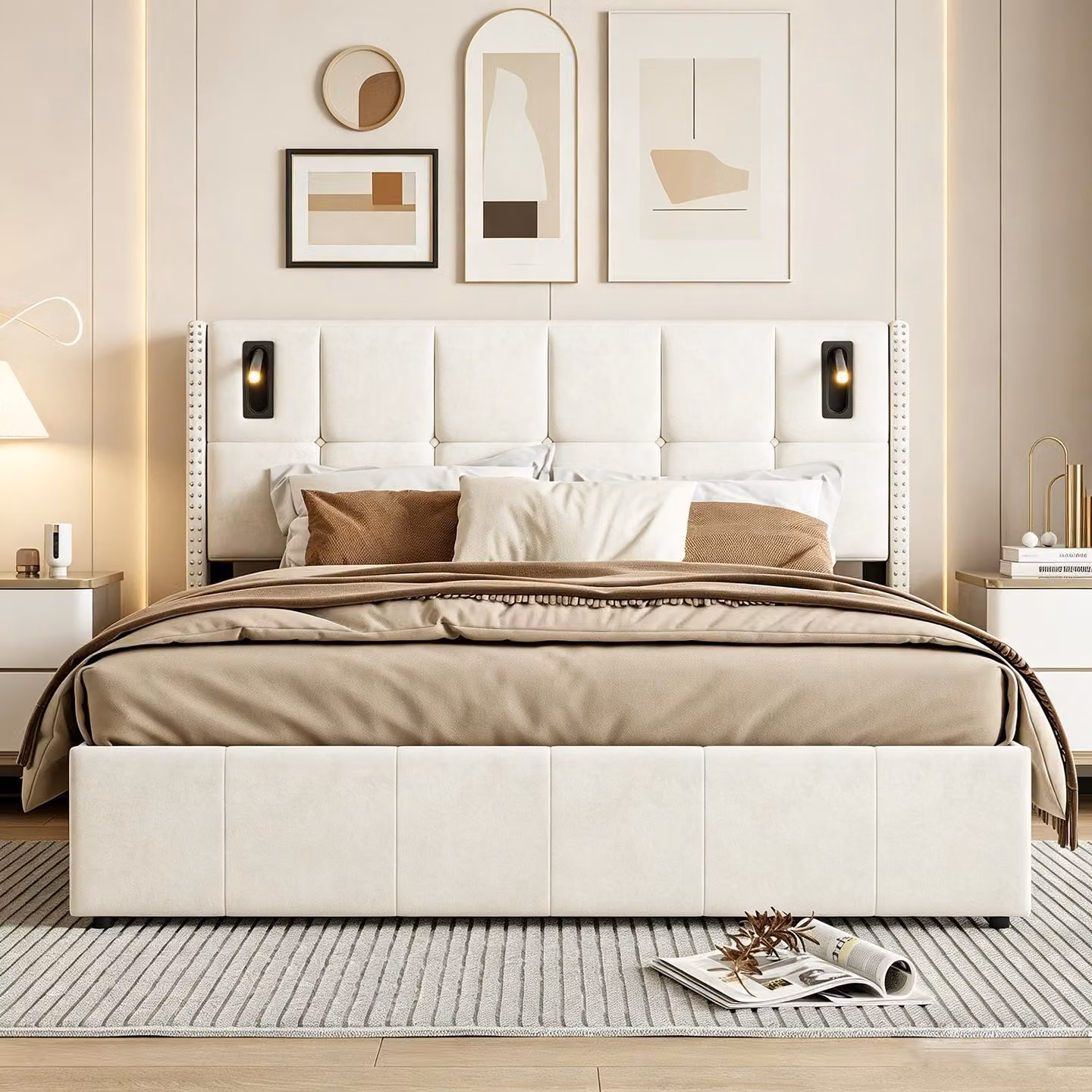 Letto imbottito INONEFT con spazio contenitore, 160 x 200 cm, letto matrimoniale con sistema di sollevamento idraulico, ideale per ragazzi, rivestito in velluto, color beige
