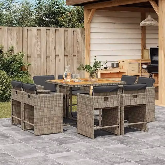 Set da Pranzo da Giardino 9 pz vidaXL in Polyrattan e Legno di Acacia Grigio e Marrone – 1
